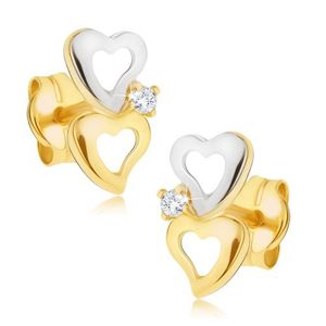Kolczyki z 14K złota - dwukolorowy zarys serc, lśniący bezbarwny diament