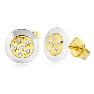 Kolczyki z 14K złota - koło z bezbarwnymi cyrkoniami pośrodku, żółte i białe złoto
