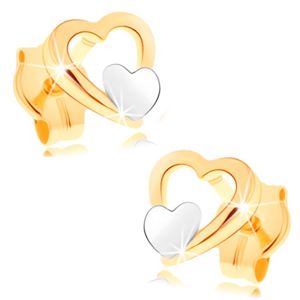 Kolczyki z 14K złota - lśniący zarys serca, małe płaskie serduszko w białym złocie