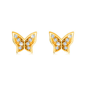 Kolczyki z 14K złota - motylek ozdobiony błyszczącymi okrągłymi cyrkoniami