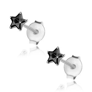 Kolczyki z 925 srebra, sztyfty, wyszlifowana gwiazda z czarnej cyrkonii, 4 mm