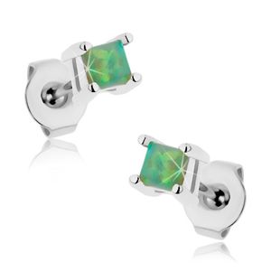 Kolczyki z chirurgicznej stali, zielony kwadracik - syntetyczny opal, 3 mm