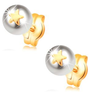 Kolczyki z żółtego 14K złota - biała perła z małą błyszczącą gwiazdą