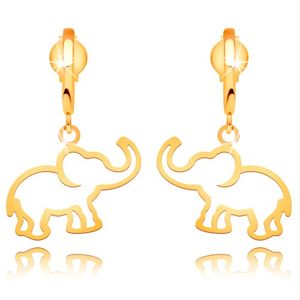 Kolczyki z żółtego 14K złota - kontur słonia wiszącego na błyszczącym łuku