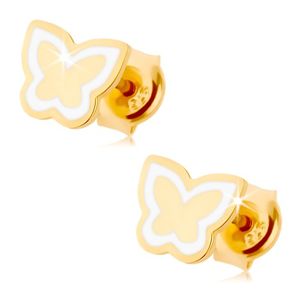 Kolczyki z żółtego 14K złota - lśniący płaski motylek, kontur z białej emalii