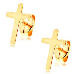 Kolczyki z żółtego 14K złota - mały krzyż łaciński, wysoki połysk, wkręty