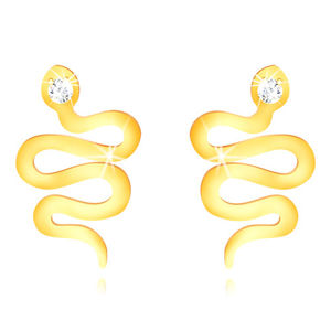 Kolczyki z żółtego 14K złota - falisty błyszczący wąż z przezroczystą cyrkoniową główką