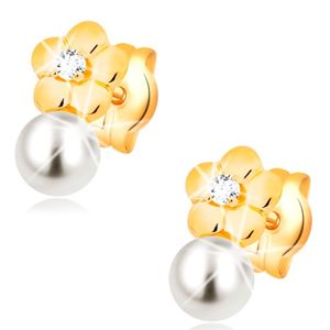 Kolczyki z żółtego 14K złota, lśniący kwiat z bezbarwnym diamentem, biała perła
