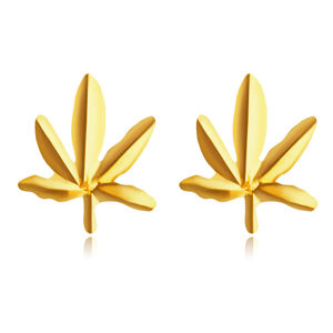 Kolczyki z żółtego 14K złota - zarys zakrzywionego liścia marihuany, sztyfty