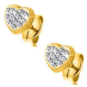 Kolczyki z żółtego 9K złota - symetryczne serce wyłożone kryształkami Swarovskiego