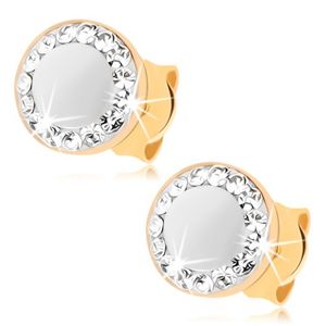 Kolczyki z żółtego złota 9K - perłowe koło, zarys z kryształów Swarovskiego