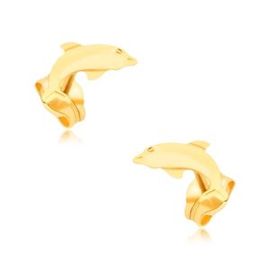 Kolczyki z żółtego złota 9K - płaski lśniący skaczący delfin