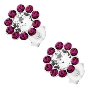 Kolczyki ze srebra 925, błyszczący kwiatek, bezbarwne i fioletowe kryształki Preciosa