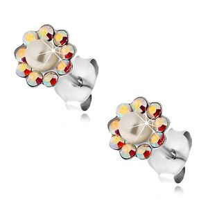 Kolczyki ze srebra 925, kwiatek z tęczowych kryształków Preciosa i perełki