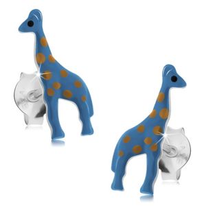 Kolczyki ze srebra 925, niebieska żyrafa z jasnobrązowymi kropkami, sztyfty