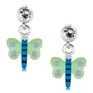 Kolczyki ze srebra 925, zielono-niebieski motyl z fioletowymi kropkami, kryształ