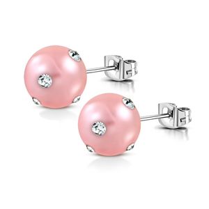 Kolczyki ze stali chirurgicznej - sztuczna akrylowa perła w różowym kolorze, cyrkonie