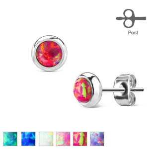 Kolczyki ze stali chirurgicznej - syntetyczny opal w oprawie, różne kolory, 6 mm - Kolor: Różowy