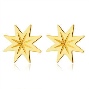 Kolczyki ze złota 14K - ośmioramienna gwiazda z rowkami, lśniąca gładka powierzchnia, sztyfty