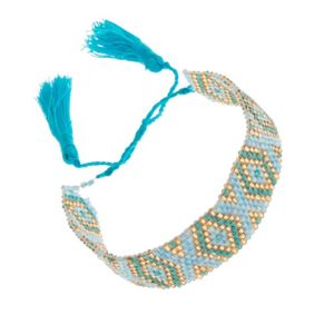 Koralikowa bransoletka z indiańskim motywem, niebieski, turkusowy i złoty kolor 