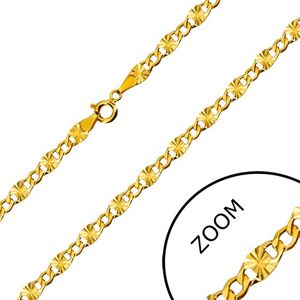 Łańcuszek z żółtego 14K złota - płaskie oczka, promieniste wycięcia, oczka sześciokątne, 500 mm
