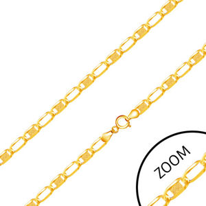 Łańcuszek z żółtego złota 585 - podłużne ogniwa ozdobione wzorzystym prostokątem, 450 mm