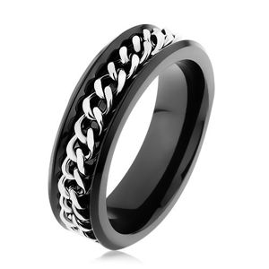 Lśniący czarny pierścionek ze stali 316L, łańcuszek w srebrnym odcieniu - Rozmiar : 62