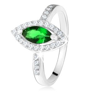 Lśniący pierścionek - srebro 925, zielony kamień ziarenko z obwódką, przezroczyste cyrkonie - Rozmiar : 52
