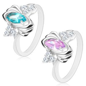 Lśniący pierścionek srebrnego koloru, barwne ziarnko, trójce przezroczystych cyrkonii, łuki - Rozmiar : 52, Kolor: Jasnofioletowy