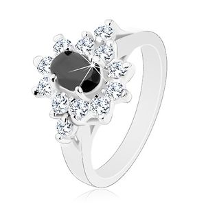 Lśniący pierścionek srebrnego koloru, czarny cyrkoniowy owal z obwódką bezbarwnego koloru - Rozmiar : 49