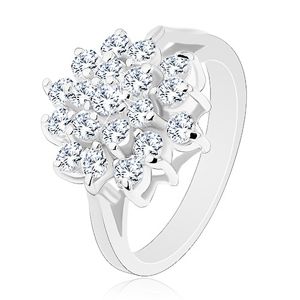 Lśniący pierścionek srebrnego koloru, duży kwiat z okrągłych przezroczystych cyrkonii - Rozmiar : 50