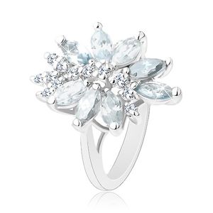Lśniący pierścionek srebrnego koloru, duży niesymetryczny kwiat z kolorowych cyrkonii - Rozmiar : 52, Kolor: Mix