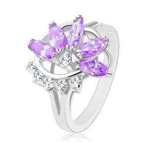 Lśniący pierścionek srebrnego koloru, fioletowy cyrkoniowy kwiat, przezroczyste cyrkonie - Rozmiar : 48