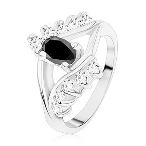 Lśniący pierścionek srebrnego koloru, gładkie i cyrkoniowe linie, czarny owal - Rozmiar : 49