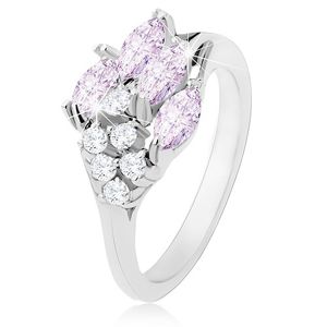 Lśniący pierścionek srebrnego koloru, jasnofioletowe ziarenka, okrągłe przezroczyste cyrkonie - Rozmiar : 54
