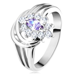 Lśniący pierścionek srebrnego koloru, jasnofioletowe ziarenko z przezroczystymi płatkami - Rozmiar : 59