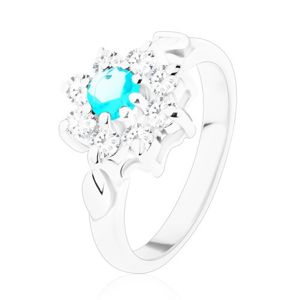 Lśniący pierścionek srebrnego koloru, jasnoniebieska cyrkonia z przezroczystymi płatkami, listki - Rozmiar : 50