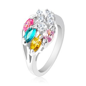 Lśniący pierścionek srebrnego koloru, kolorowe cyrkoniowe ziarenka, przezroczyste cyrkonie - Rozmiar : 55
