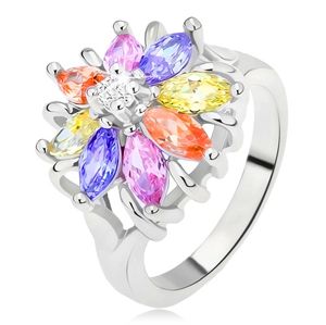 Lśniący pierścionek srebrnego koloru, kolorowy kwiat ze szlifowanych kamyczków - Rozmiar : 55