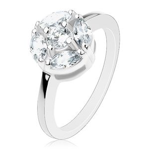 Lśniący pierścionek srebrnego koloru, okrąg ozdobiony przezroczystymi ziarnkami i okrągłą cyrkonią - Rozmiar : 57