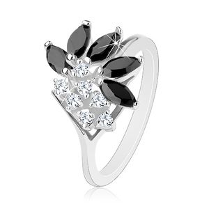 Lśniący pierścionek srebrnego koloru, przezroczyste cyrkonie, czarne wyszlifowane ziarenka - Rozmiar : 50