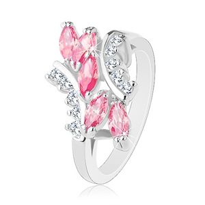 Lśniący pierścionek srebrnego koloru, różowe cyrkoniowe ziarenka, przezroczyste cyrkonie - Rozmiar : 54