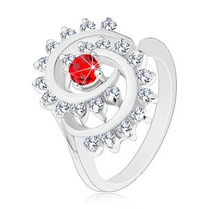 Lśniący pierścionek srebrnego koloru, spirala w przezroczystej oprawie, czerwona okrągła cyrkonia - Rozmiar : 51