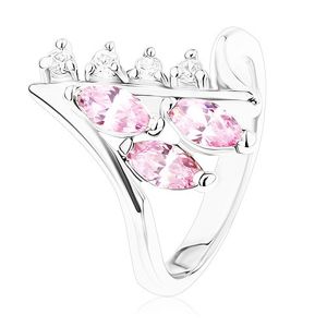 Lśniący pierścionek srebrnego koloru, zagięte końce ramion, bezbarwne i różowe cyrkonie - Rozmiar : 59