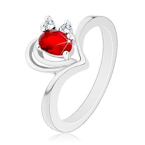 Lśniący pierścionek srebrnego koloru, zarys serduszka, czerwono-przezroczyste cyrkonie - Rozmiar : 62