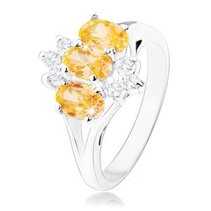 Lśniący pierścionek srebrnego koloru, żółte cyrkoniowe owale, przezroczyste cyrkonie - Rozmiar : 50