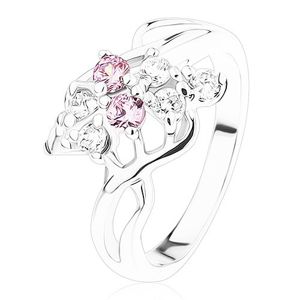 Lśniący pierścionek, srebrny kolor, kokardka z różowych i bezbarwnych cyrkonii - Rozmiar : 51