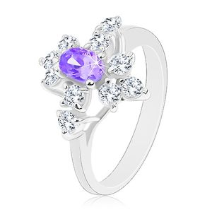 Lśniący pierścionek, srebrny odcień, fioletowy cyrkoniowy owal, przezroczyste cyrkonie - Rozmiar : 54