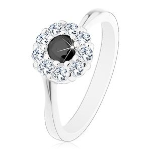 Lśniący pierścionek w srebrnym odcieniu, cyrkoniowy kwiatek z czarnym środkiem - Rozmiar : 59