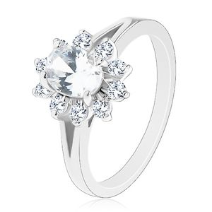 Lśniący pierścionek w srebrnym odcieniu, cyrkoniowy owalny kwiatek bezbarwnego koloru - Rozmiar : 54